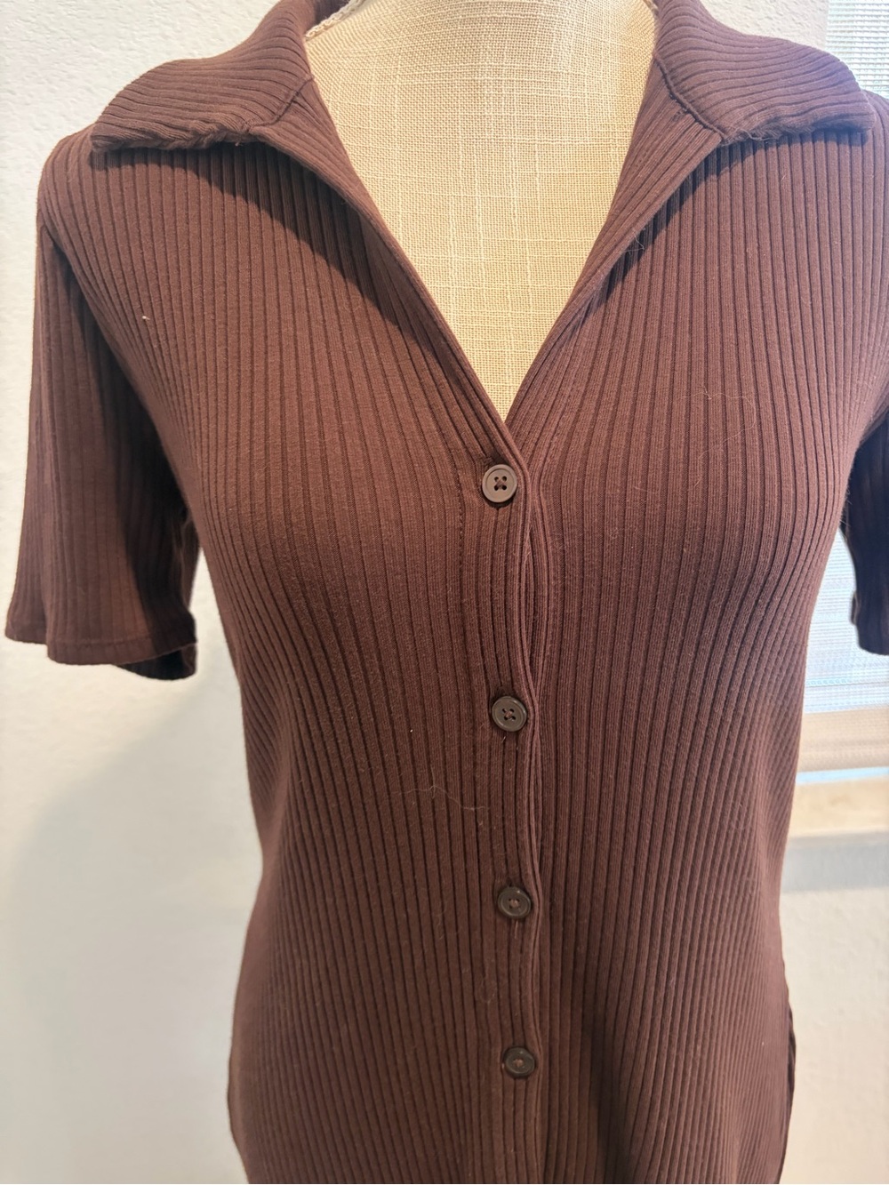 A new day Brown Ribbed Button-Front Collared Midi Dress - Picture 4 of 5